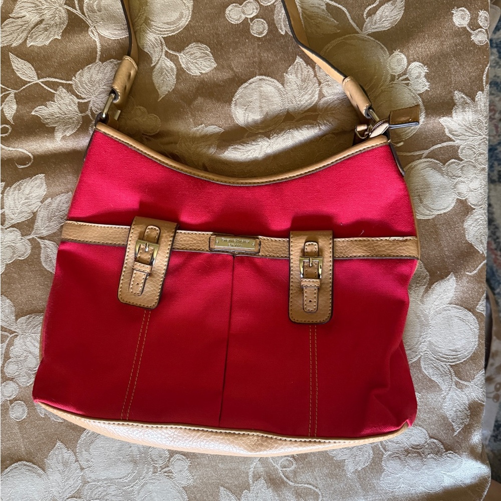 Etienne Aigner Red Canvas Shoulder Bag with Tan Trim